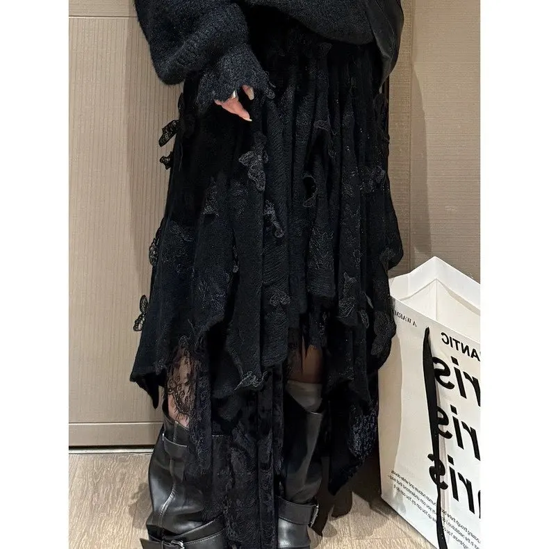 

French-style Irregular Lace Knit Midi Skirt for Women, Autumn and Winter High-end Fairy Skirt