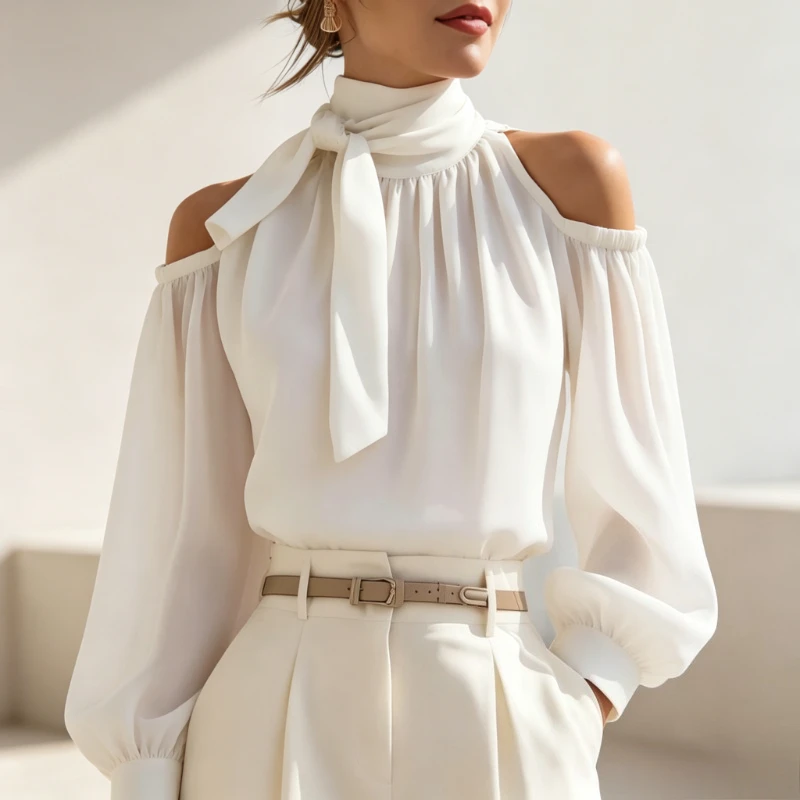 Women Spring Autumn Halter Cold‑shoulder Blouse Bow Tie Stand Collar Lantern Long Sleeve Solid Loose Elegant Commute Casual Tops