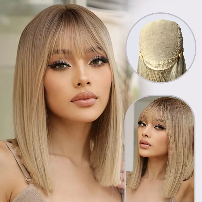 

Synthetic Wigs with Bangs Short Straight Gray Ash Blonde Natural Blunt Cut Hair Wig for White Women Daily Heat Resistant