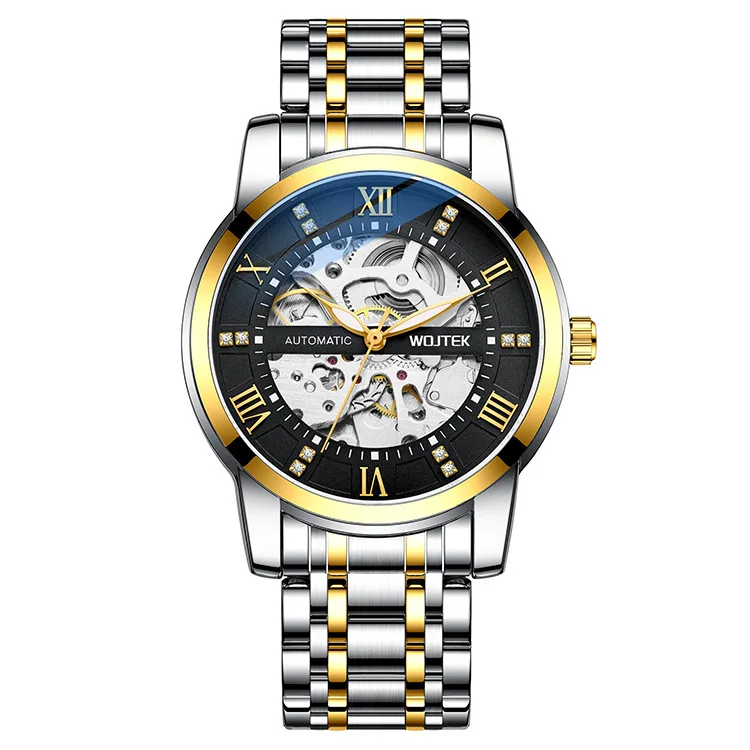 WOJTEK Men Mechanical Skeleton Watch Roman Diamond Dial Luminous Black Steel Band Waterproof Luxury Male Business Wristwatch