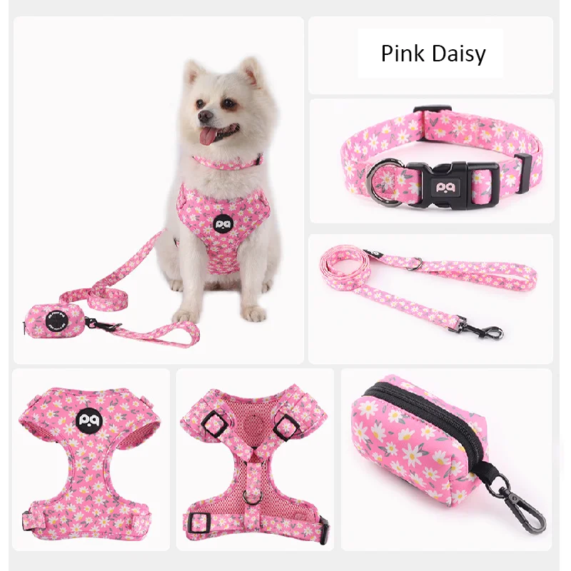 4 in 1 Dog Harness Collar Leash Set Dog Poop Holder Bag Pet Vest Harness Breathable Pet Collar Leash For Small Medium Dogs