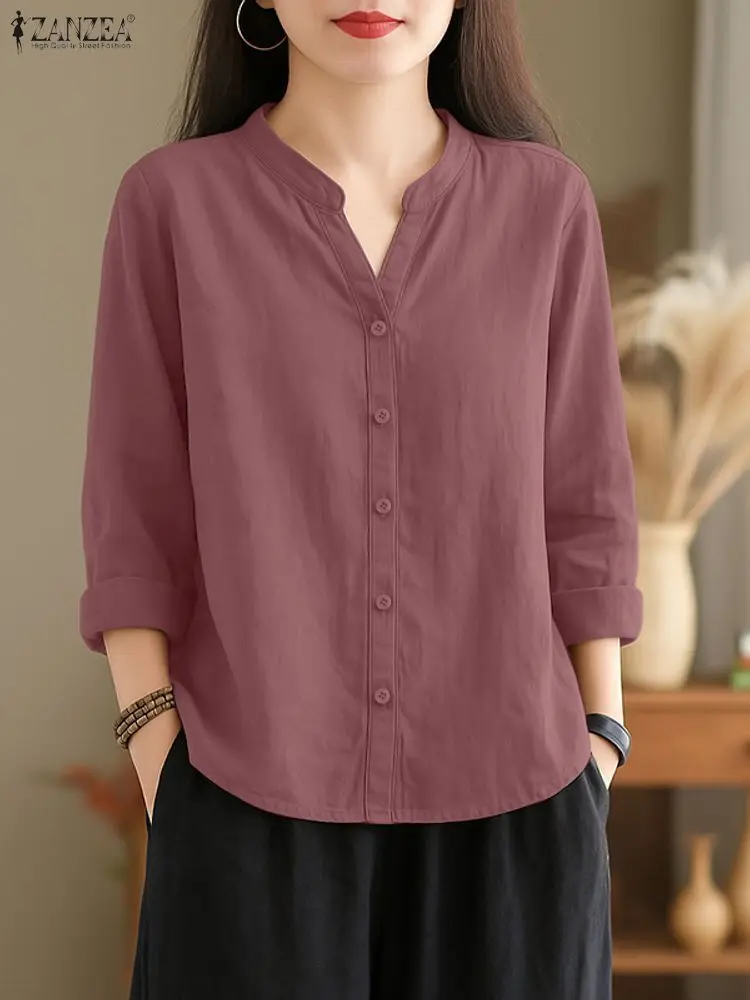 قميص ZANZEA للسيدات للخريف 2025 بلوزات غير رسمية بياقة على شكل V وأكمام طويلة أنيقة متينة OL بلوزة عمل بأزرار غير رسمية حتى بلوزات تونك نسائية