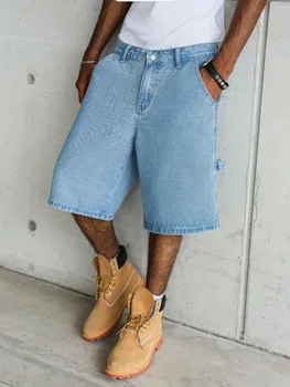 Men's Light Blue Wide-Leg Utility Denim Shorts for Summer