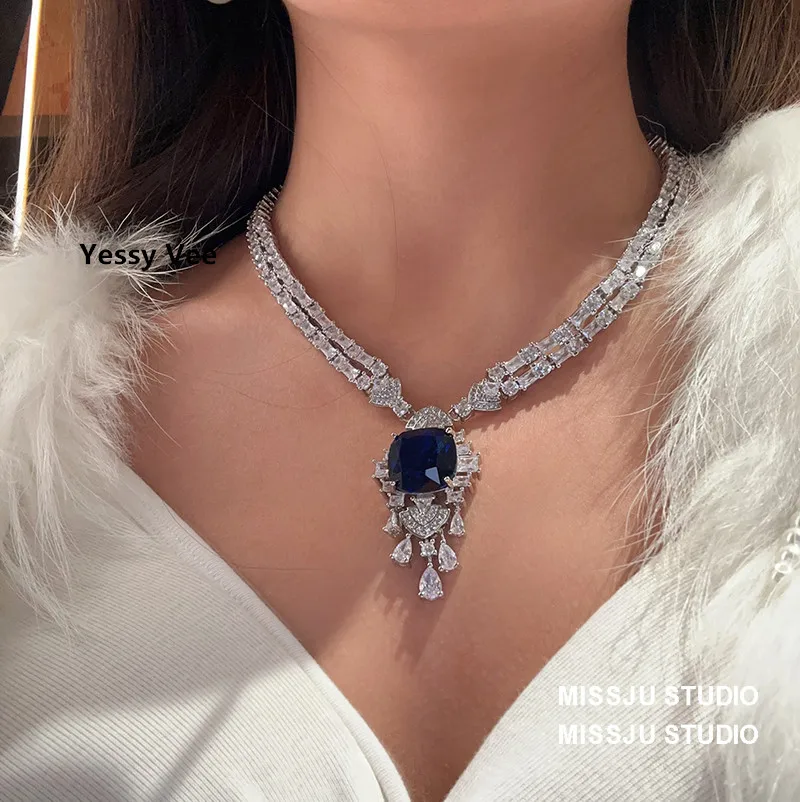 Yessy Vee Women Shining Luxury Necklace Exquisite-Made Sri Lanka Blue Gemstone Tassel Necklaces Shining Double Zircon Bride