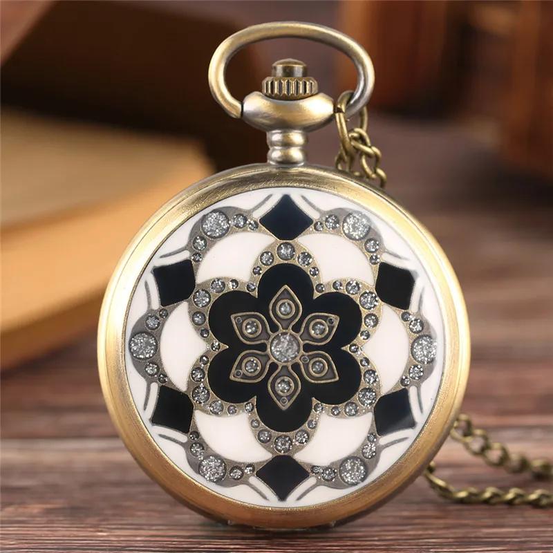 Classic Pcoket Watch with Flower Crystal Design Unisex Quartz Movement Watches Necklace Chain Timepiece Arabic Number Clock