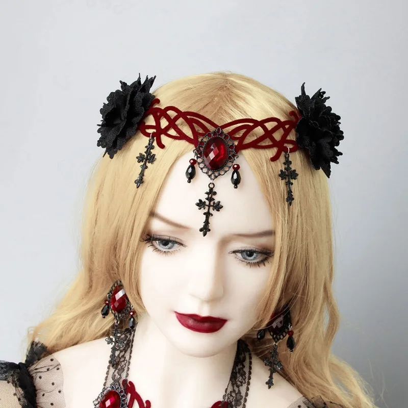 Gothic Style Vampire Reaper Cosplay Cross Headpiece Halloween Ball Queen Crown Masquerade Cosplay Headbands for Women and Girls