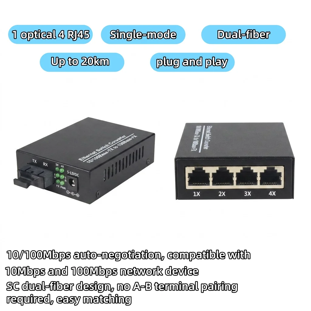 1 Pair 10/100M Fast Ethernet Fiber Media Converter 1 Fiber 4 RJ45 Ports Single Mode Single Fiber 20km SC BiDi for CCTV IP Camera
