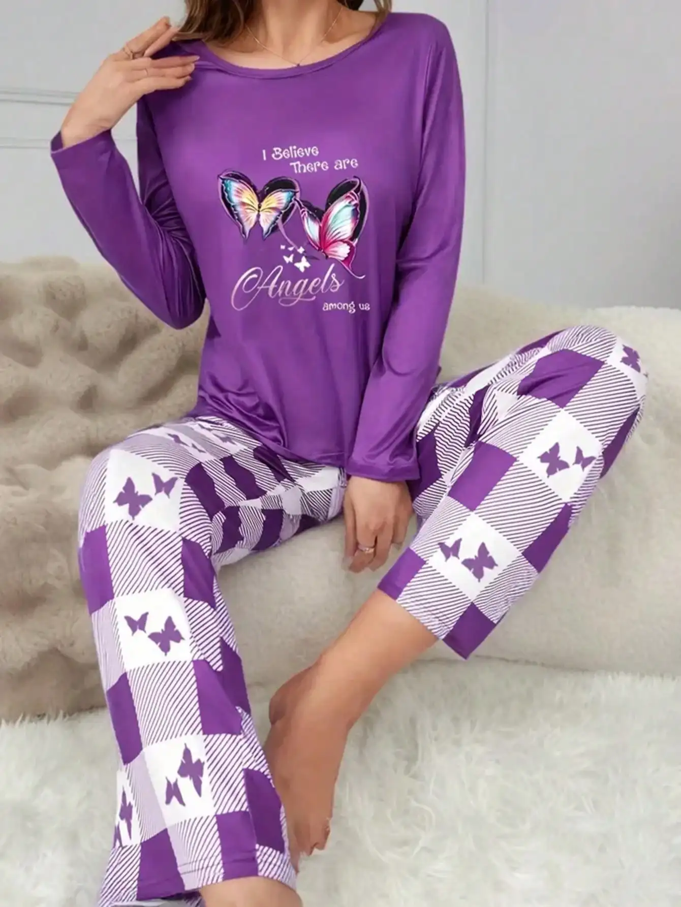 

Purple Butterfly Print Long Sleeve Pajama Set for Women, Fall Winter Lounge Wear