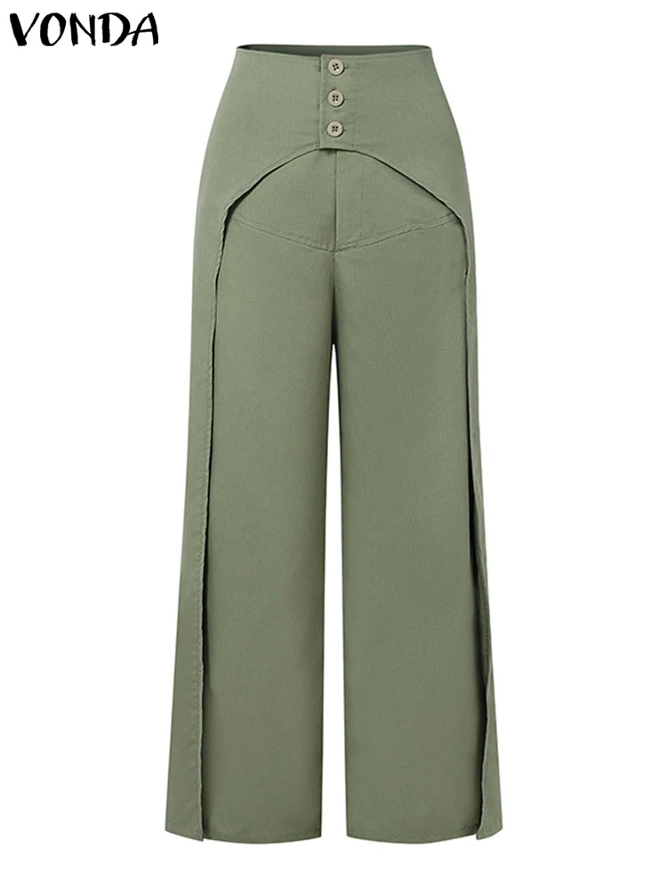 

VONDA Plus Size 5XL Women Wide Leg Long Pants Casual Solid Color Layered Design Trousers Autumn Elegant Office Lady Bottoms