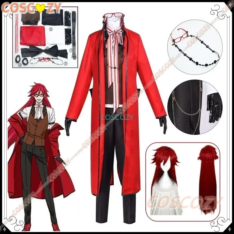 Shinigami Grell Sutcliff disfraz de Cosplay muerte Shinigami Grell Sutcliff uniforme rojo gafas peluca roja Halloween mujeres hombres traje