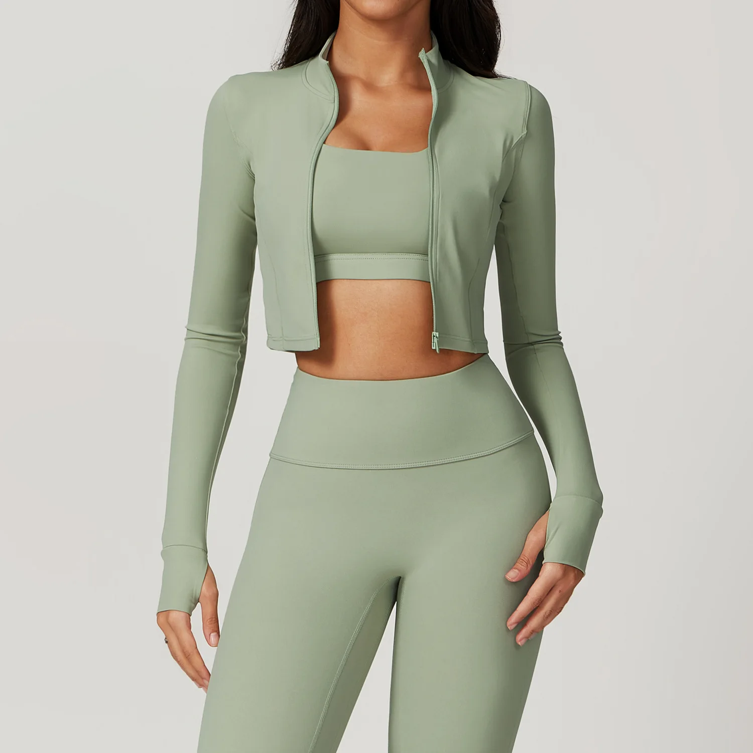 Women Outdoor Sports Long Sleeved Slim Yoga Clothes Quick Dry Zipper Cardigan Stand Up Collar Jacket Running Fitness Jacket Top