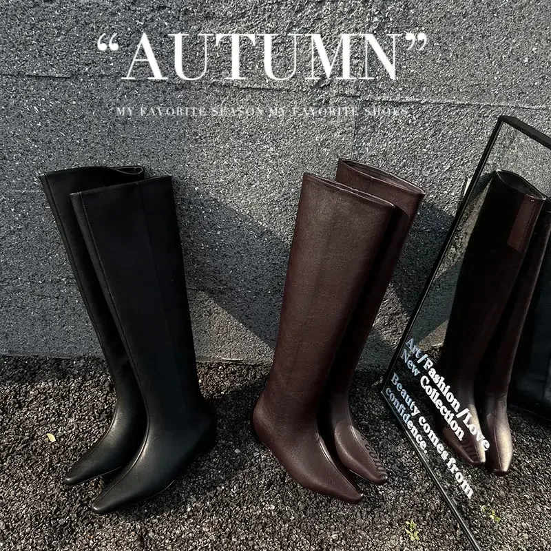 2026 nuevas botas hasta la rodilla de Otoño Invierno para mujer de cuero natural 22-24,5 cm botas largas de cuero dividido con punta cuadrada y aumento de altura