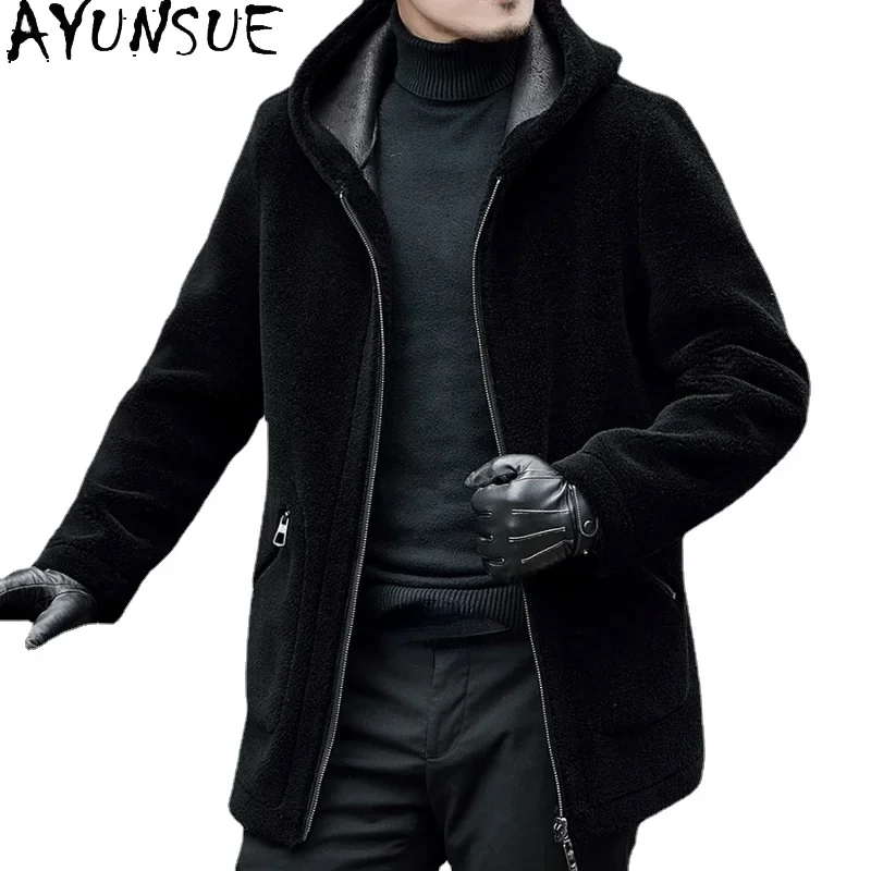AYUNSUE Men's 100% Sheep Shearing Jacket Winter Warm Real Fur Coat Male Short Hooded Wool Jackets Wearable Both Sides Chaquetas
