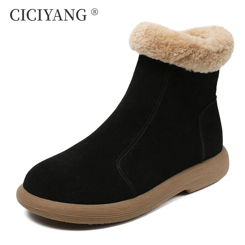 CICIYANG Women Snow Boots Cow Suede 2024 New Genuine Leather Non-slip Women Short Boots Flat Comfortable Winter Shoes Female