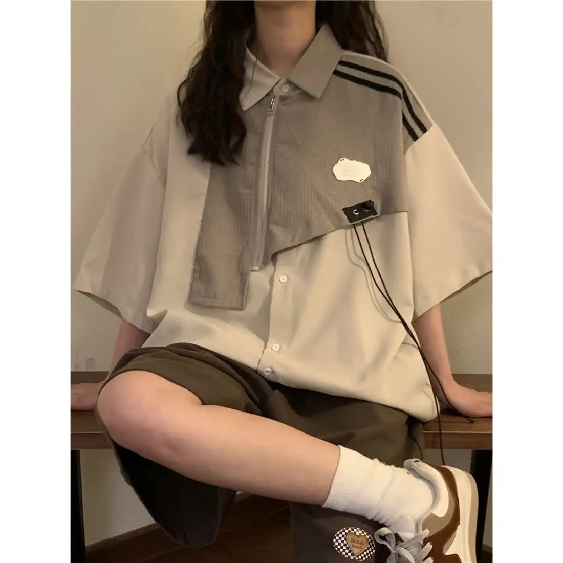 Japanese workwear waffle splicing short-sleeved shirt women's summer loose design niche casual high street all-match y2k tops