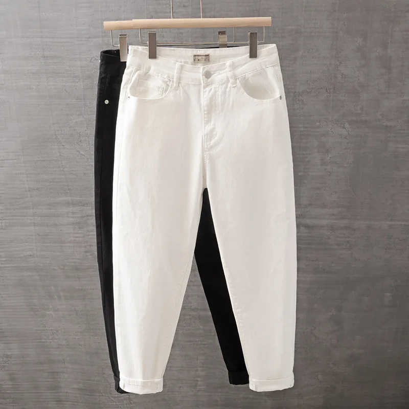 

Модные мужские джинсовые брюки в корейском стиле с небольшим прямым кроем, тонкие и универсальные однотонные джинсовые белые брюки.
