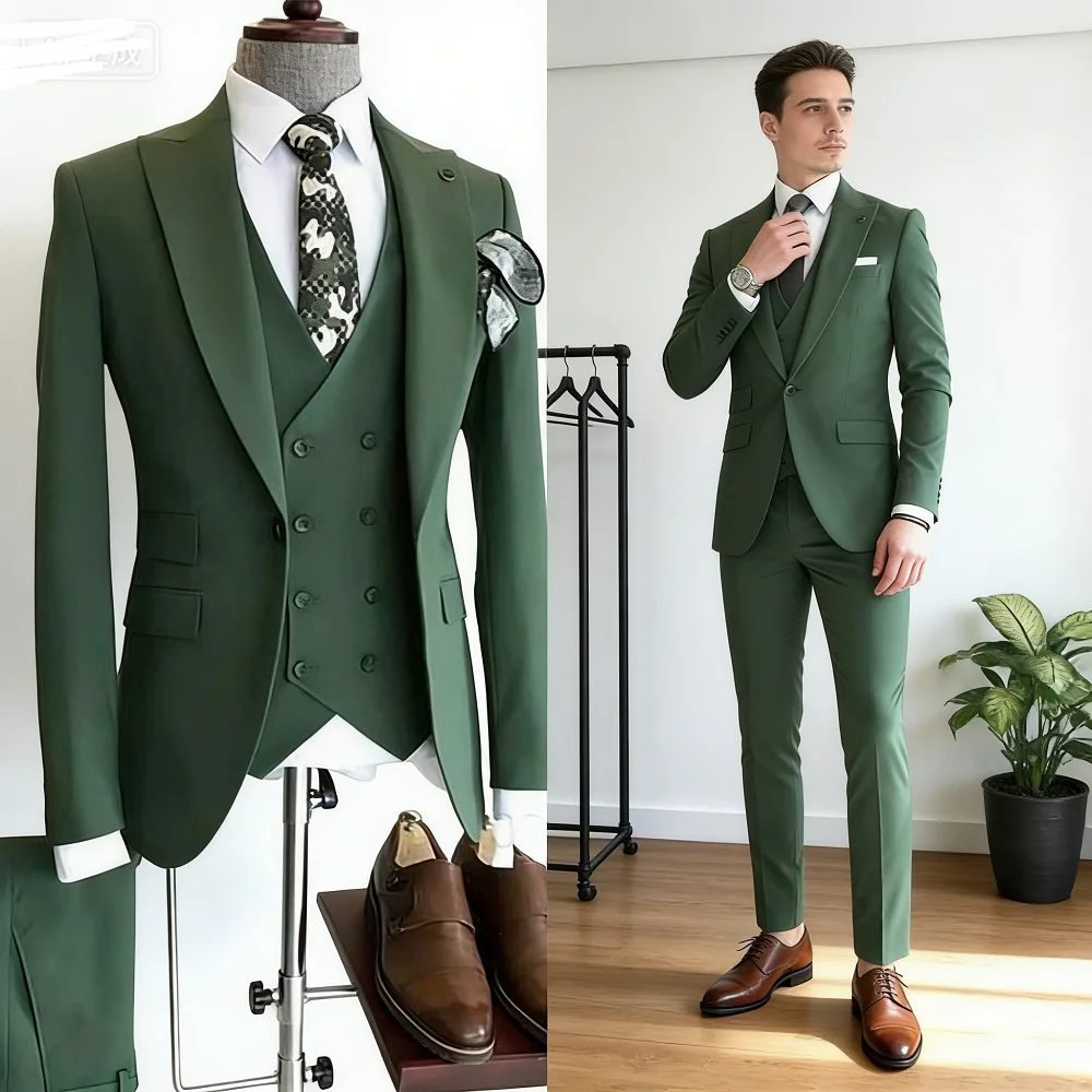 

Green Slim Fit Men's Dress Suit One-Button Peak Lapel Wedding Smoking Terno Masculino Jacket Pants Tie Set