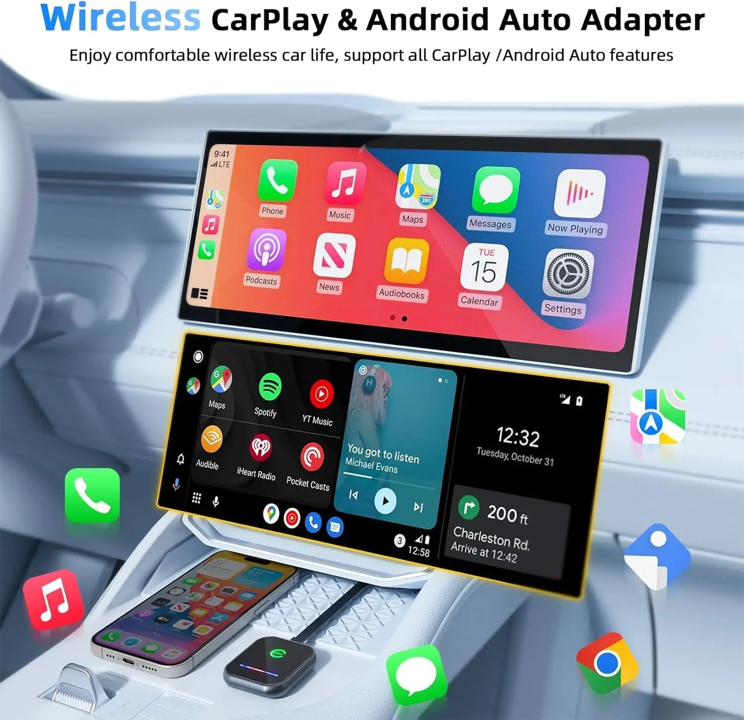 2-in-1 Wireless CarPlay Adapter for iPhone - Android Auto Stable Fast Connection for Factory Dongle Connect Plug and Play