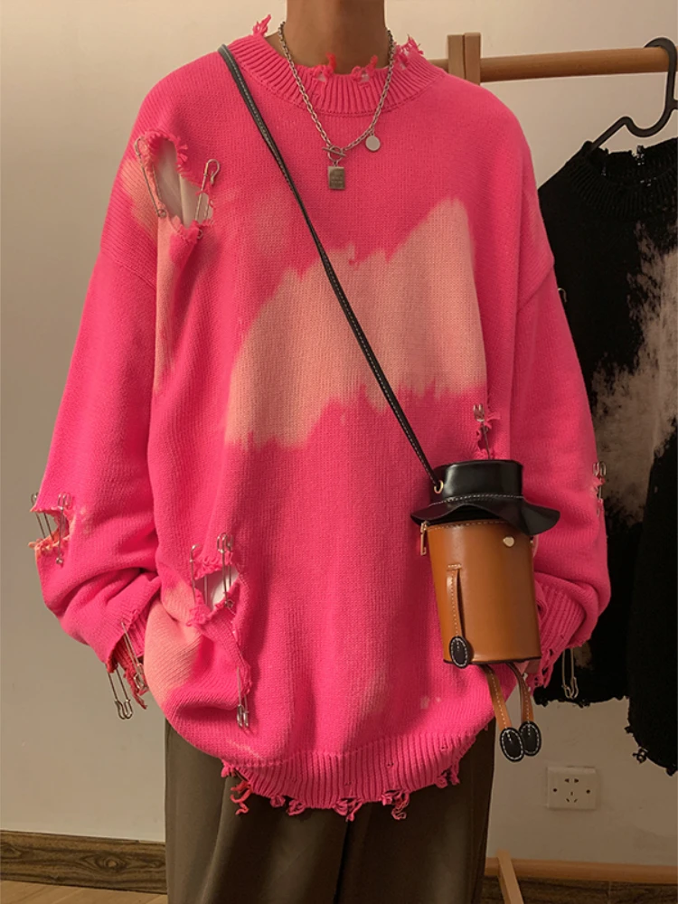 Suéter para hombre, ropa de punto, ropa de calle holgada Y2k para adolescentes, temperamento americano, diseño rasgado, Unisex, Hipster Chic, informal