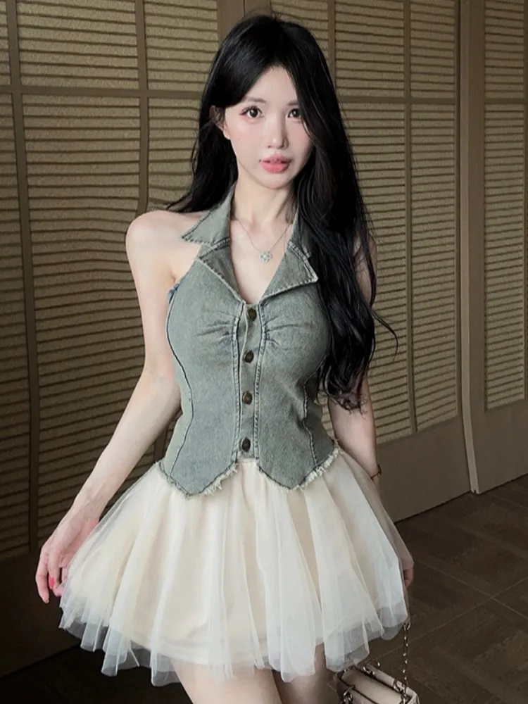

Retro Collar Fashionable Short Denim Off-Shoulder Top And Mesh Half Skirt Two-Piece Set for Women Summer High Waist