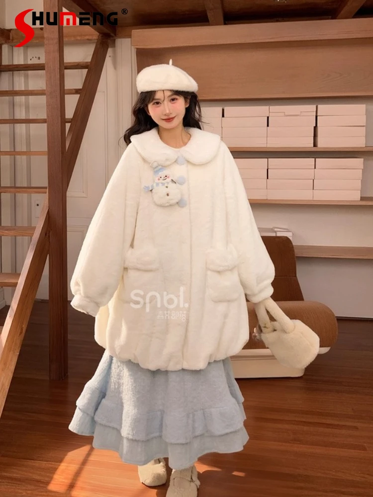 

2025 Winter Christmas Snowman Plush Hooded Coats Single-Breasted Loose Versatile Thickened Warm Long Jackets for Women Overcoats