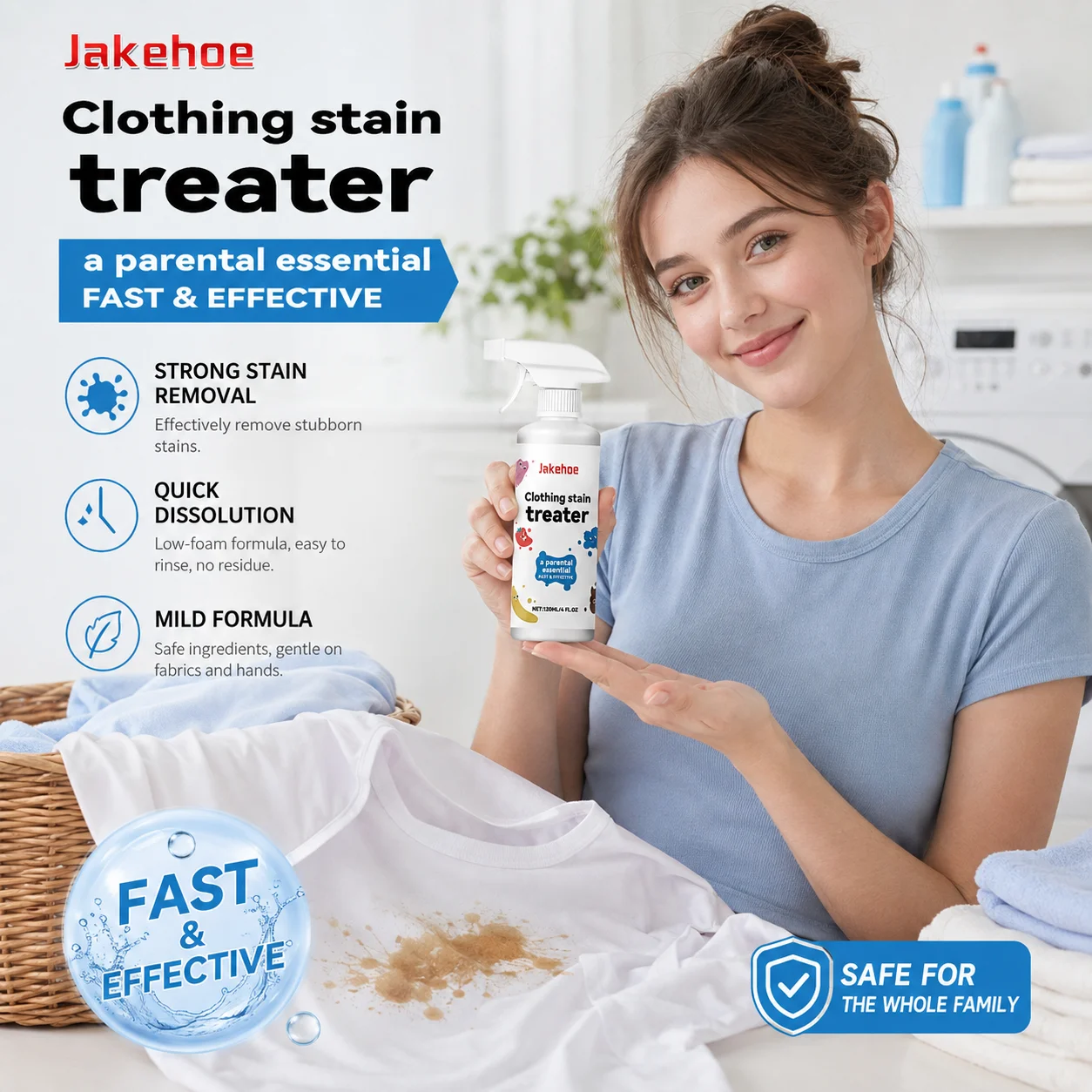 Jakehoe Clothing Stain Treater Oil & Food Stain Clean Gentle On Fabrics No Residue Low‑Foam Fabric Stain Remover Spray 120ml