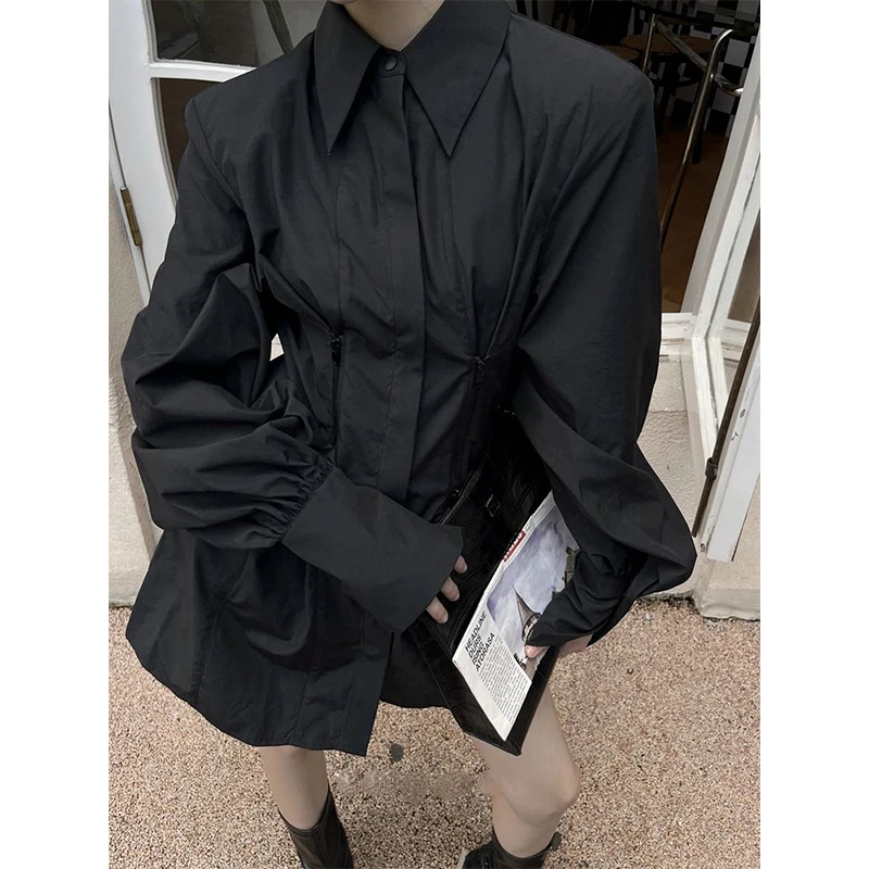 Y2K Black Shirts Women Gothic Harajuku Zipper Long Sleeve Blouses Office Ladies Fashion Korean Elegant Tunic Chic Tops New