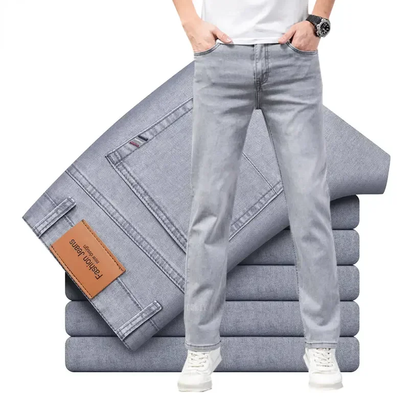 2026 Brand Thin or Thick Material Straight Cotton Stretch Denim Men's  Business Casual High Waist Light Grey Blue Jeans