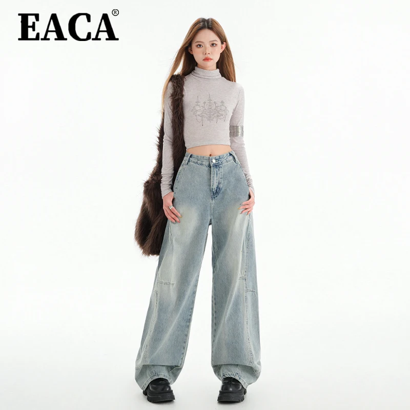 EACA Vintage Do Old Light Blue Jeans Splicing Design Women 2025 Spring New Fashion Temperament Simple Everything Casual