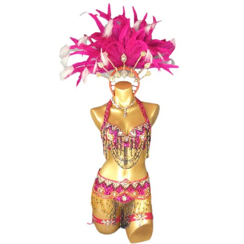 Handmade Sexy Samba Rio Carnival Costume For Women New Beaded Sequins Belly Dance Costume with hot pink Feather Head piece