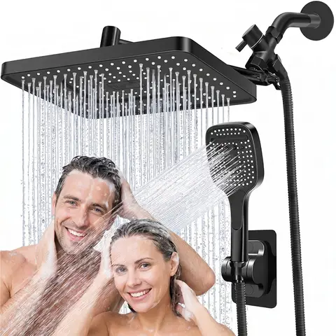 Matte Black Dual Shower Head System,11 Inch Rain Shower Head with 180° Adjustable Extension Arm,3‑Modes Anti‑Low‑Pressure Handheld Shower with Sand Filter,No Drill Adhesive Bracket Complete Bathroom Shower Kit for everyone