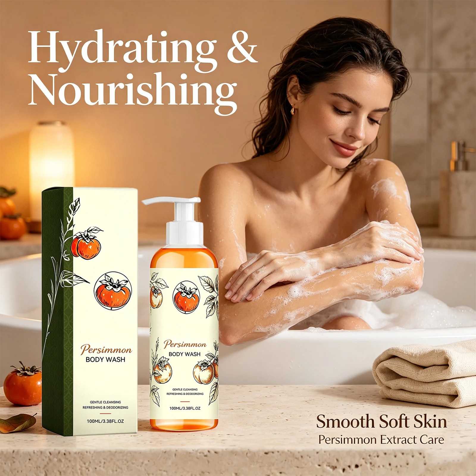Persimmon Refreshing Body Wash Smoothing & Softening Skin Deodorizing Rich Lather Long-Lasting Fragrance Nourishing Shower Gel