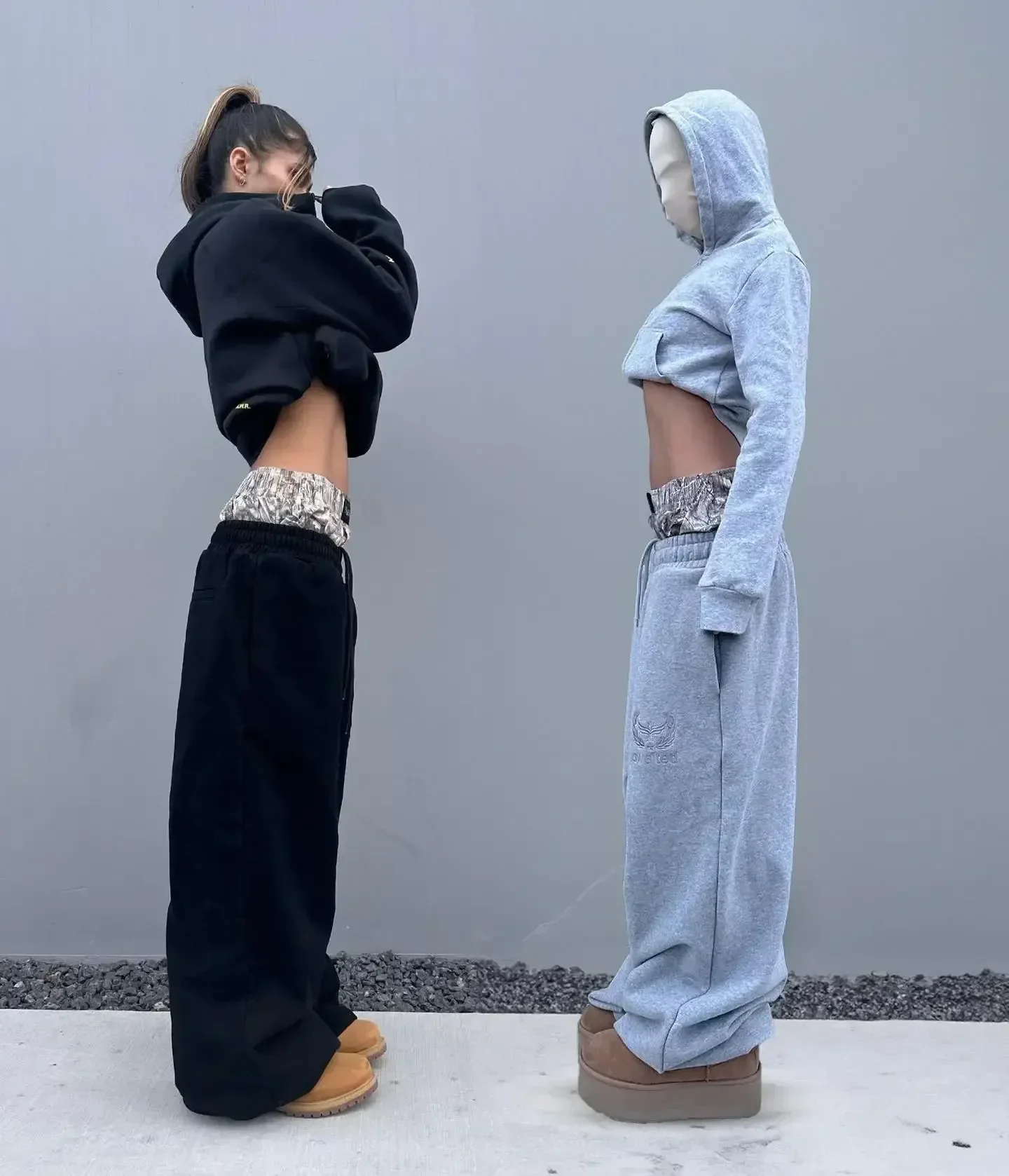 여성용 더블 커프 캐주얼 바지, 패치워크 하이 웨이스트 디자인, 레트로 스트레이트 레그 스웻팬츠, 슬림하고 루즈한 한국 패션