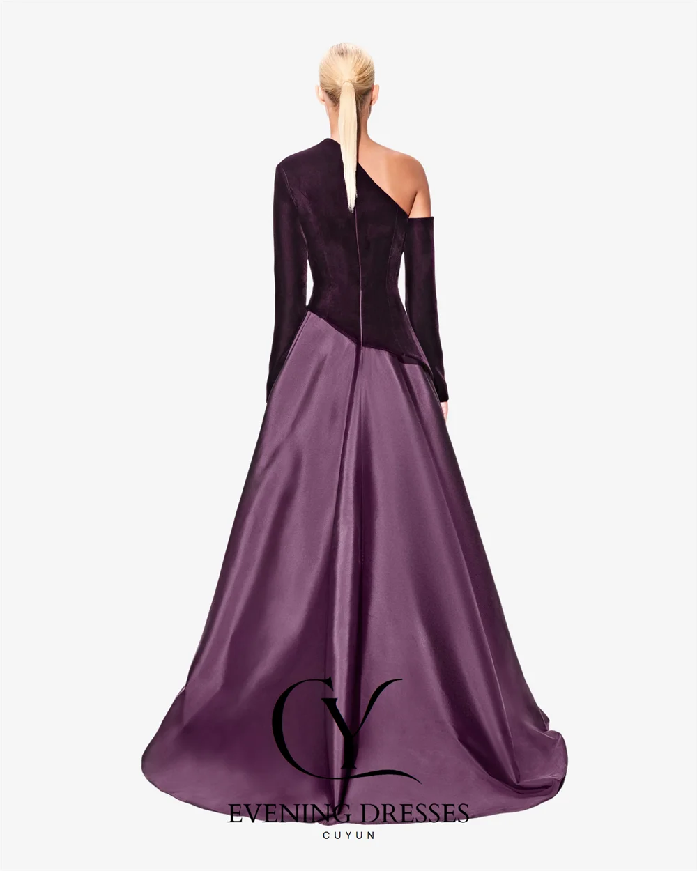 فساتين سهرة أرجوانية بكتف واحد من CUYUN فساتين حفلات أنيقة للنساء مخصصة على شكل حرف A بألوان متباينة للمناسبات الرسمية