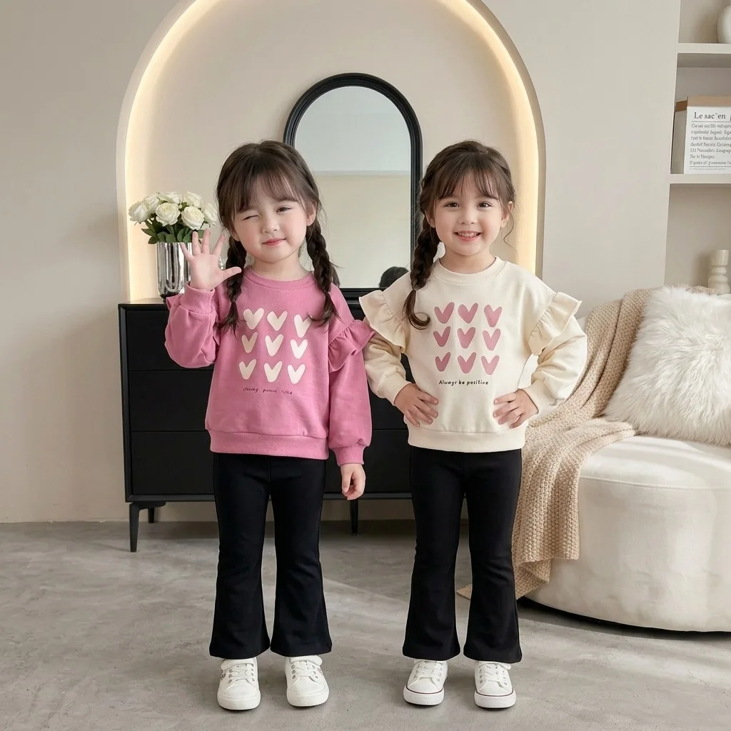 Kids Heart Round Neck Ruffled Sleeve Sweatshirt Spring Autumn Girls Pullover Sweet Casual Flare Pants Two Piece Set Trendy