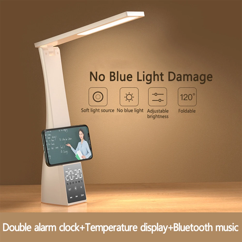 LED Desk Lamp with Bluetooth Speaker Alarm Clock 3 Color Temperature Stepless Dimming USB Eye-Protection Reading Table Lamps