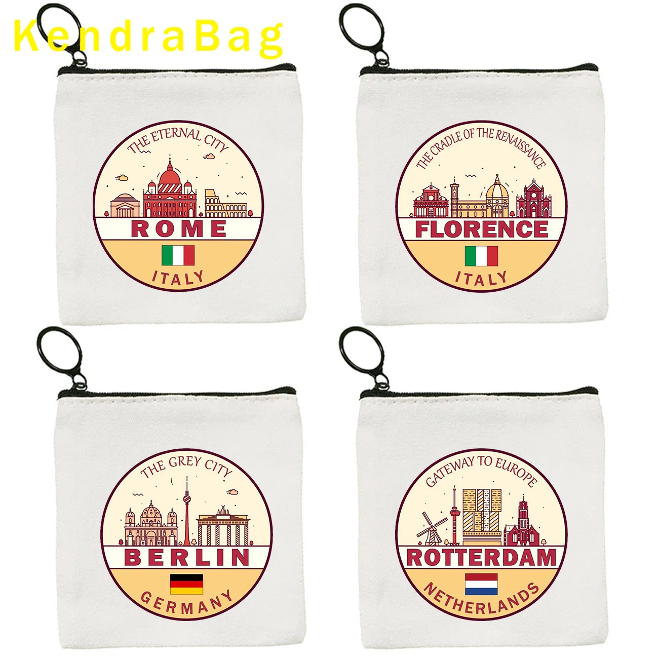 Berlin Chicago Florence Las Vegas Vienna Warsaw Bangkok ZURICH France City Skyline Emblem Coin Purse Key Canvas Bag Wallet Pouch