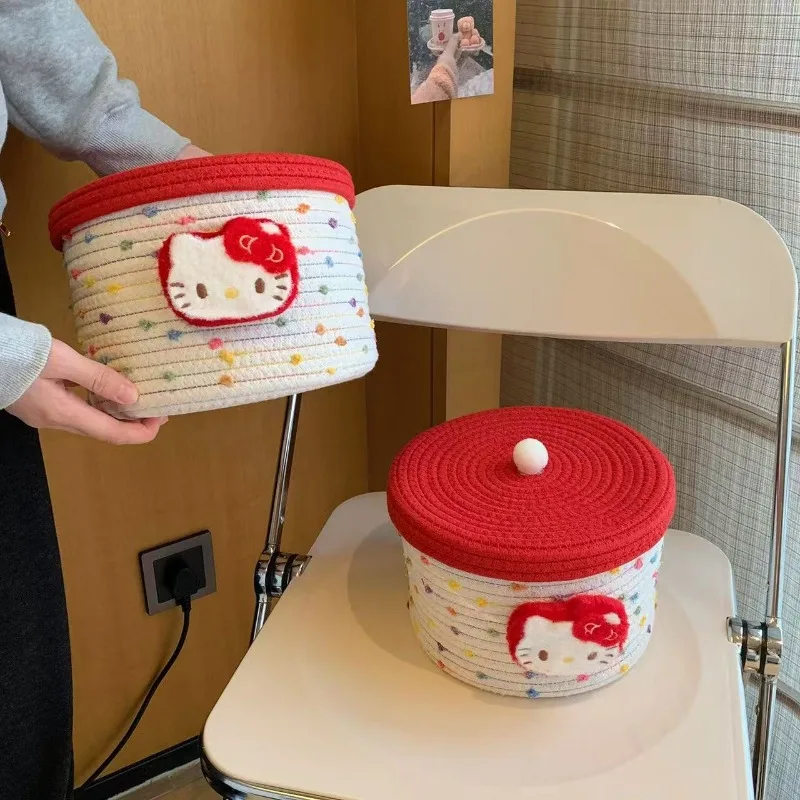 

Настольная корзина для хранения Hello Kitty, тканая с крышкой, хлопковая нить, закуски, журнальный столик для гостиной, корзина для хранения игрушек, оптовая продажа