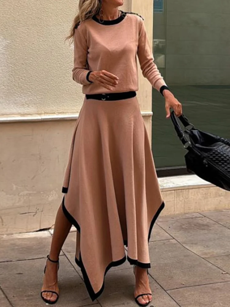 Women Long Sleeve Maxi Skirts 2PCS Outfit, Autumn Fashion O Neck Pullover Top Matching Sets, 2024 Solid Patchwork Ladies Suits