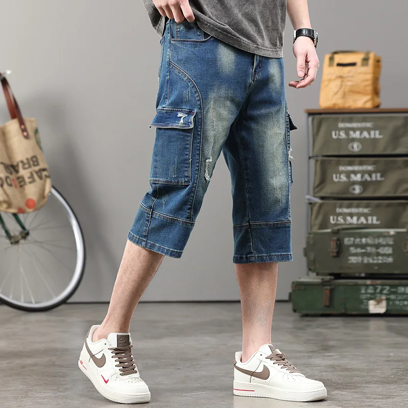 Men's multi-pocket work-wearing denim crop shorts Men's summer loose denim mid-trousers Large size 28 44