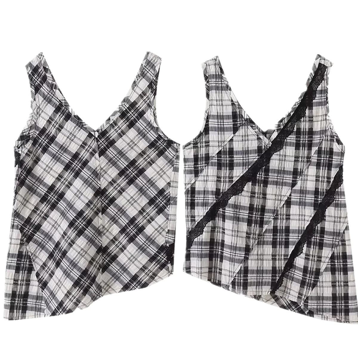 

Dave&Di Summer Blouse Women French Lazy Style Black And White Checkered Lace Patchwork V-neck Shirt For Women Tank Top