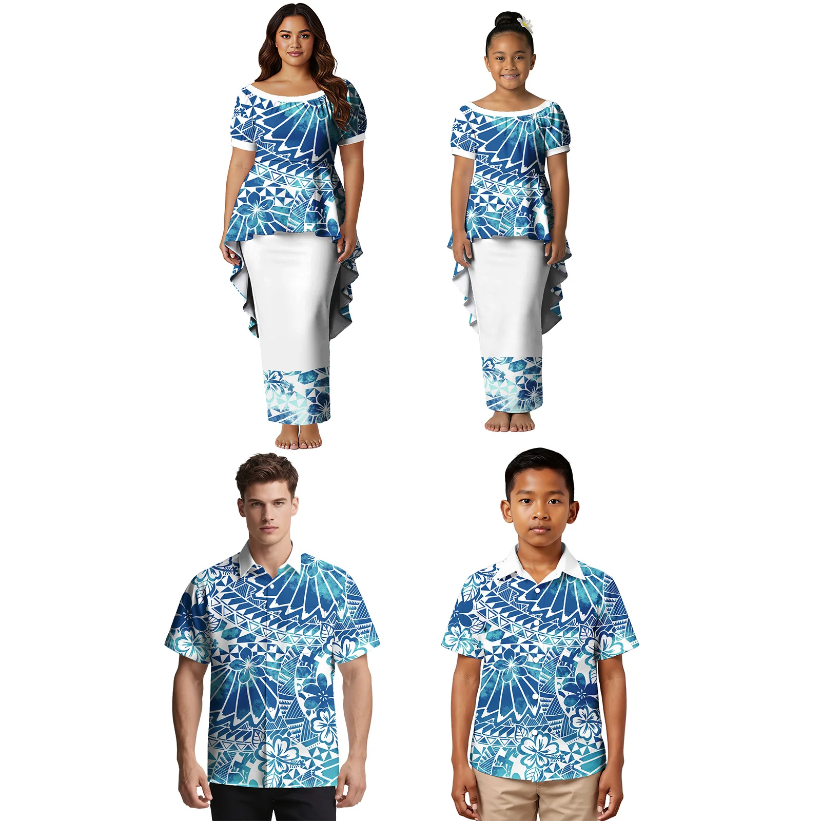 Clothing Custom Hawaiian Matching Family Outfits Samoan Swallow-tail Hem Puletasi Dress Polynesian Turn-down Collar Shirt Family