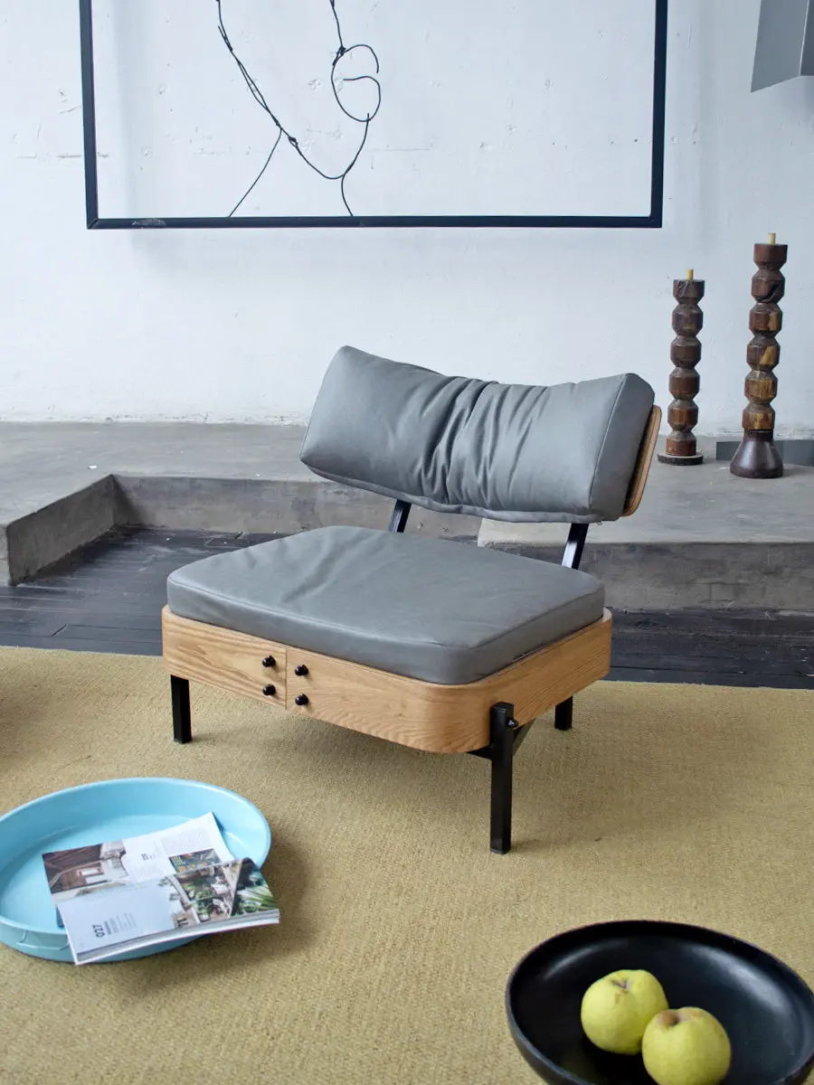 Single sofa chair, ins art style wood designer technology fabric light luxury small apartment living room