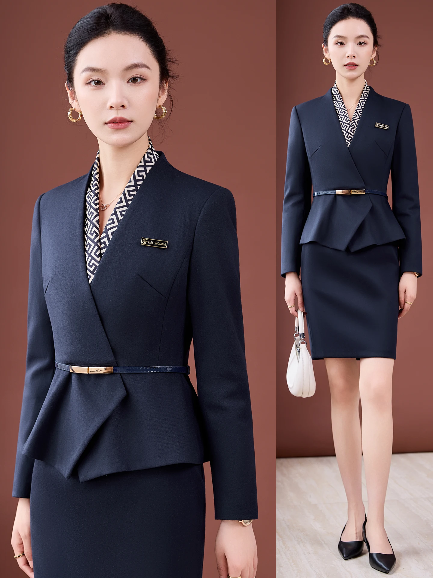 Blue Suit Set Women's Spring Autumn Professional Beauty Salon High End Health Care Center Uniform Jewelry Store Workwear Formal