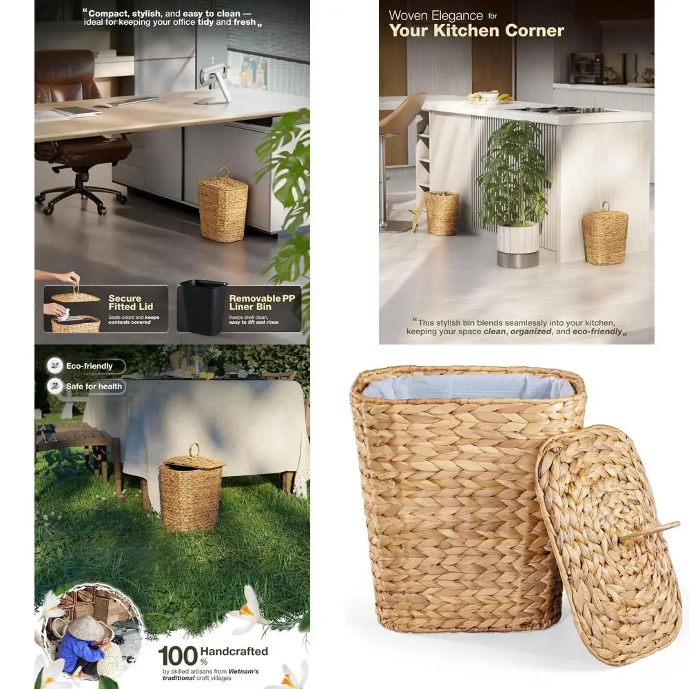 

Handcrafted Rattan Wastebasket with Lid and Removable Bin for Home and Office Use