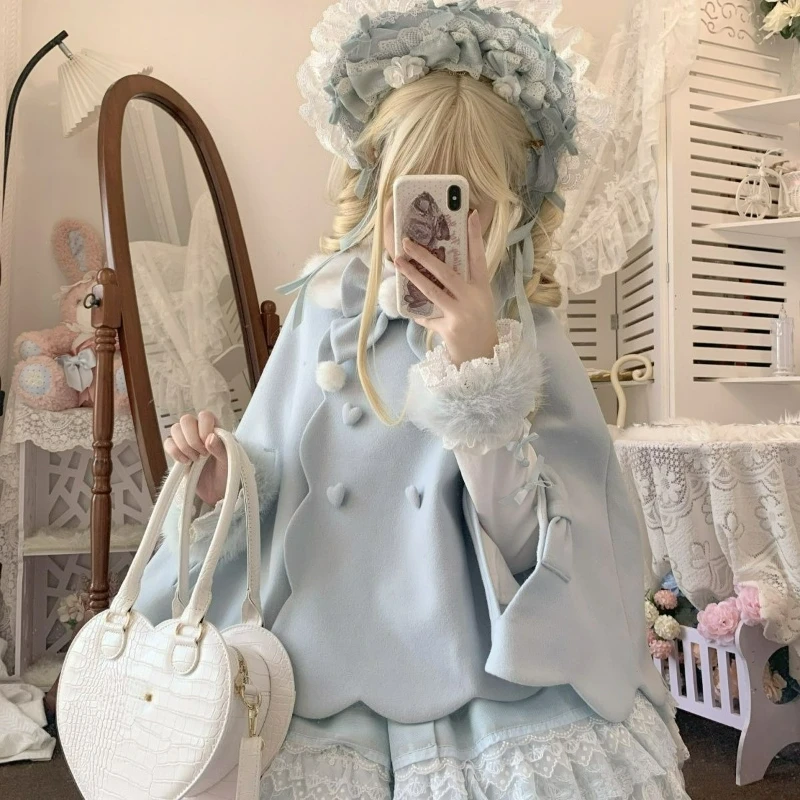 Japanese Kawaii Lolita Style Cloak Coats Women Sweet Bunny Ear Fur Patchwork Bow Jacket Harajuku Double Breasted Lovely Ponchos