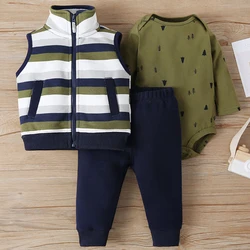 3Piece Spring Autumn Toddler Boy Clothing Korean Casual Fashion Stripe Vest+Bodysuit+Pants Baby Costume Newborn Clothes BC1457