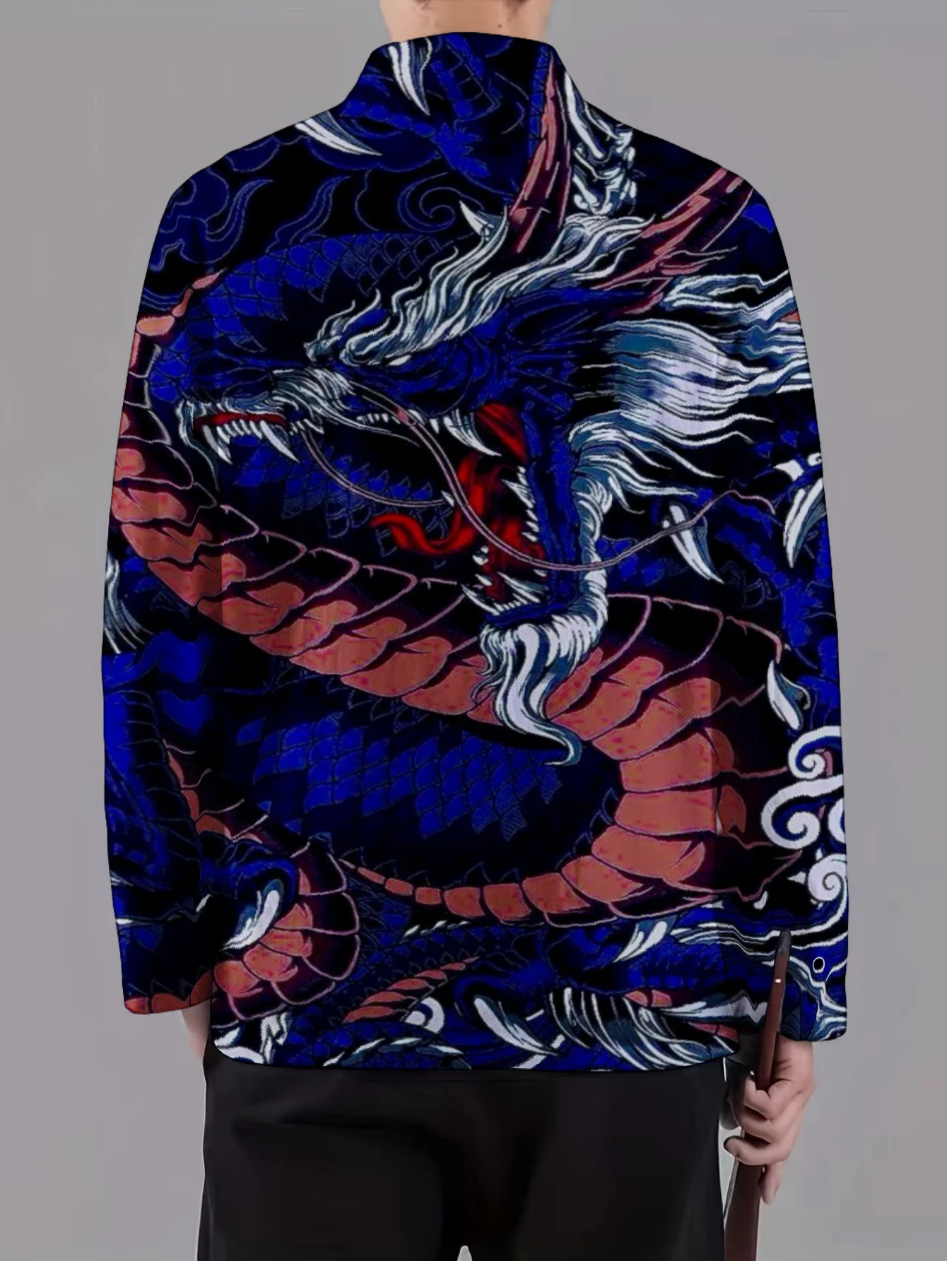 Men Retro Chinese Style Jacket Mandarin Collar Frog Button Blue Dragon Totem Print Long Sleeve Fashion Casual Outerwear For Male