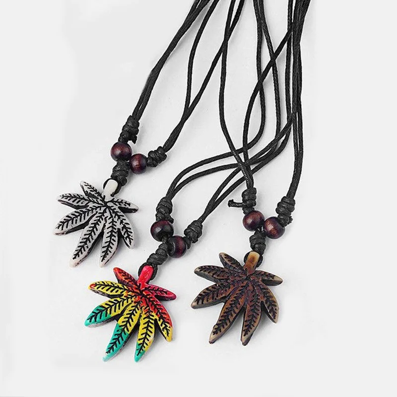 1pcs Resin White Brown Rasta Style Pot Leaf Weed Leaf Necklace Black Wax Cotton Cord Adjustable Jewelry