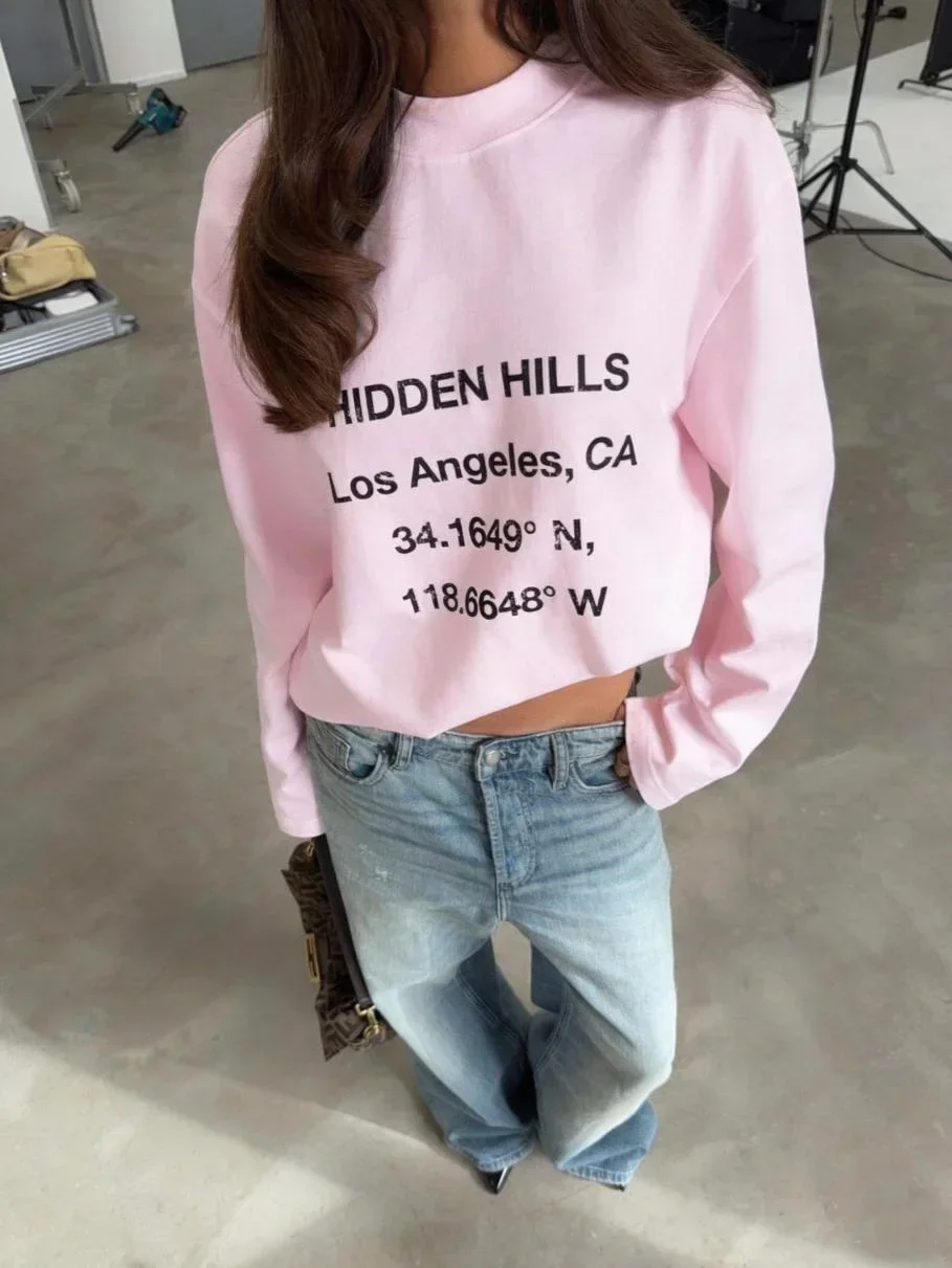 Hidden Hills Los Angeles Coordinate Printed Long Sleeve Round Neck T-shirt Casual Street Top Unisex Multi Color Y2K Style
